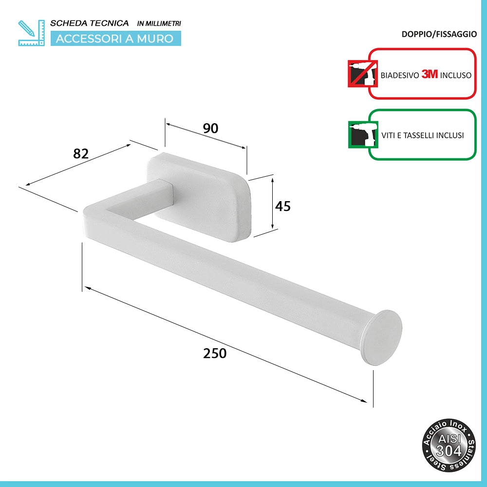 Set 4pz con appendino, porta rotolo e 2 porta salviette a muro in acciaio bianco Cubik