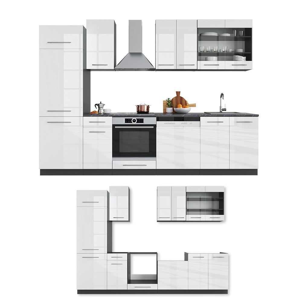 Cucina componibile Fame-Line Bianco lucido/Antracite 300 cm senza piano di lavoro Vicco