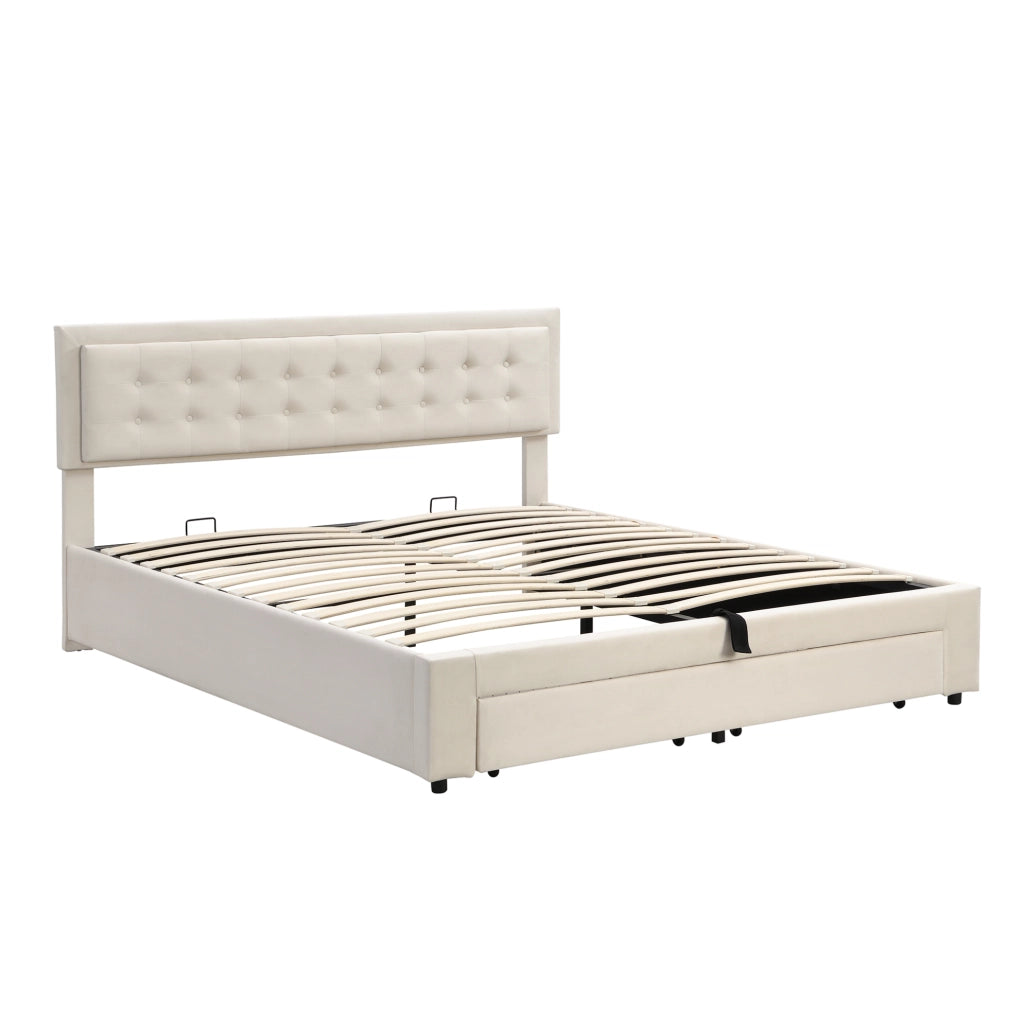 Letto matrimoniale 180x200 cm in velluto beige con contenitore; testiera regolabile e cassetti