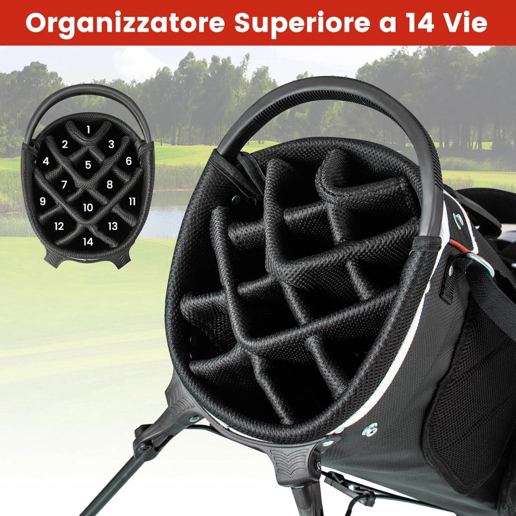 Sacca per Mazze da Golf, Borsa da Golf con Supporto, Divisori a 14 Vie, 6 Tasche, Borsa Frigo, Doppia Tracolla e Cappuccio Antipioggia, Ideale per Uomini e Donne