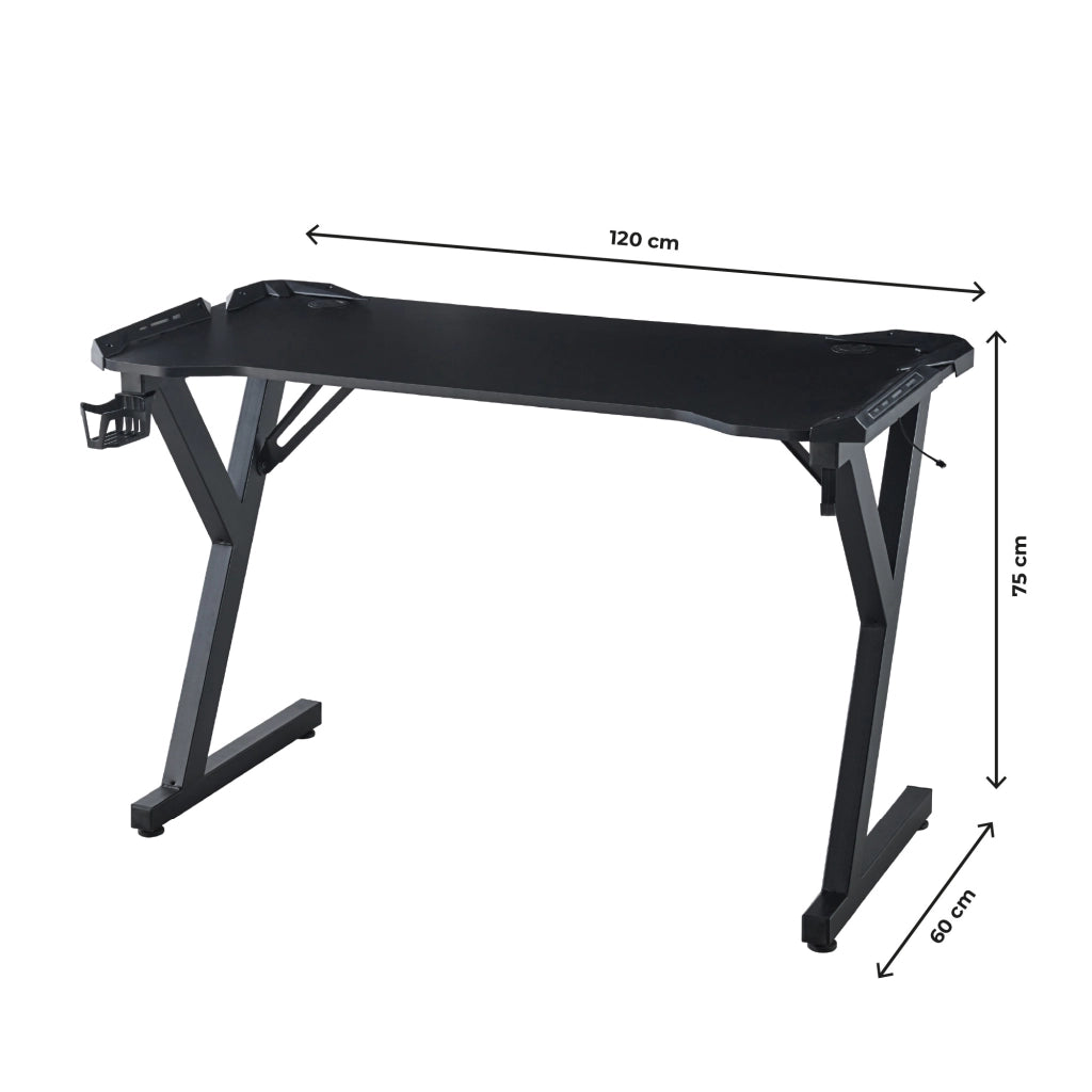 Scrivania Gaming RGB 120x60 cm con Porta Bicchiere e Gancio Cuffie, Tavolo Gamer Nero Design Ergonomico, Desk PC per Gaming e Smart Working