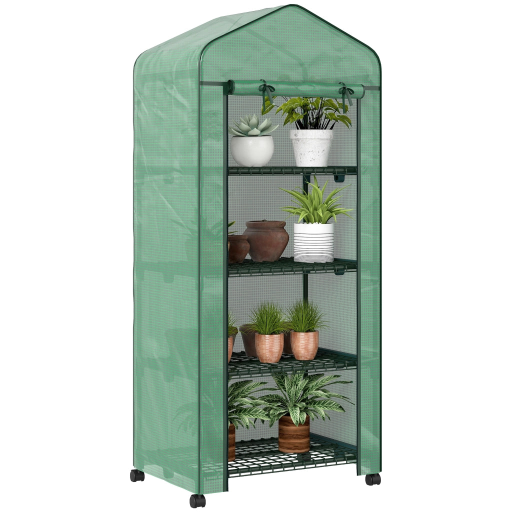 Serra da Balcone a 4 Livelli con 4 Rotelle e Ingresso Avvolgibile, in Acciaio e PE, 69x50x165 cm, Verde