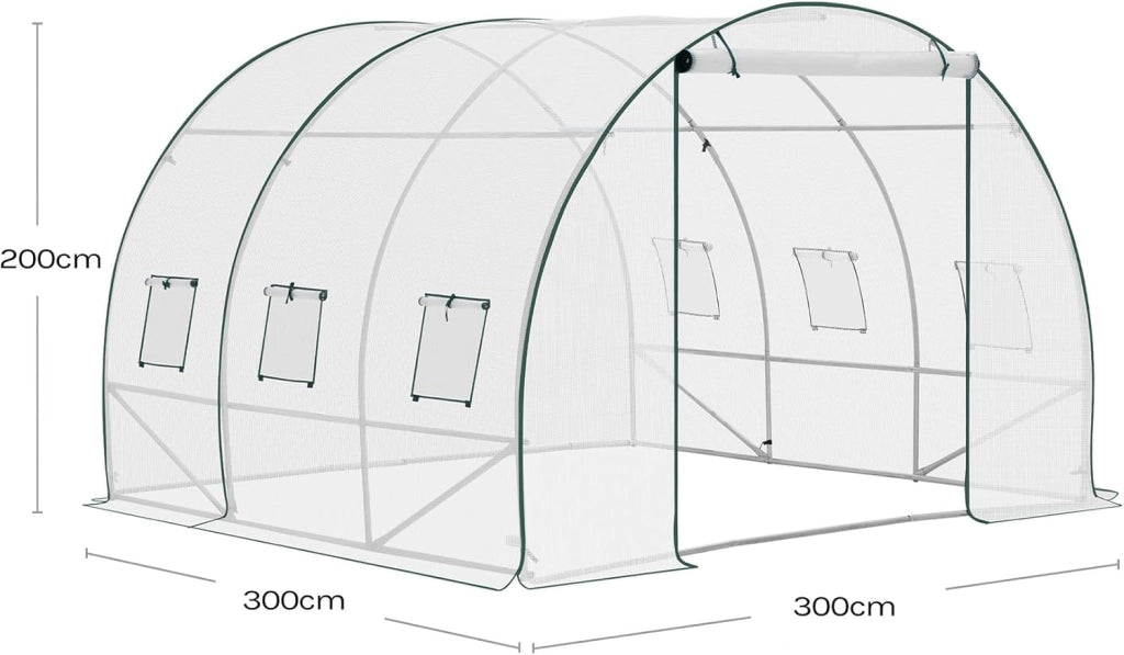 Serra da Giardino a Tunnel, Copertura per Piante da Esterno, in Rete PE e Tubi d’Acciaio Zincato, Porta Avvolgibile con Cerniere e 6 Finestre Laterali, 300x300x200cm, Bianco