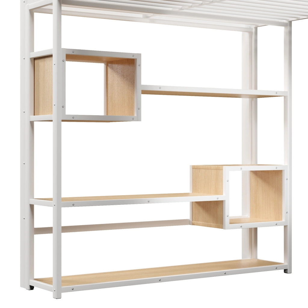 Letto a soppalco 140x200 cm con spazio libero sottostante; LED; ripiano; gradini integrati e parapetto; metallo bianco
