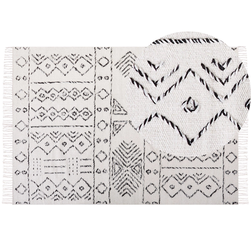 Tappeto in lana bianco sporco e nero con motivo azteco 160 x 230 cm a pelo basso Moderno Vintage