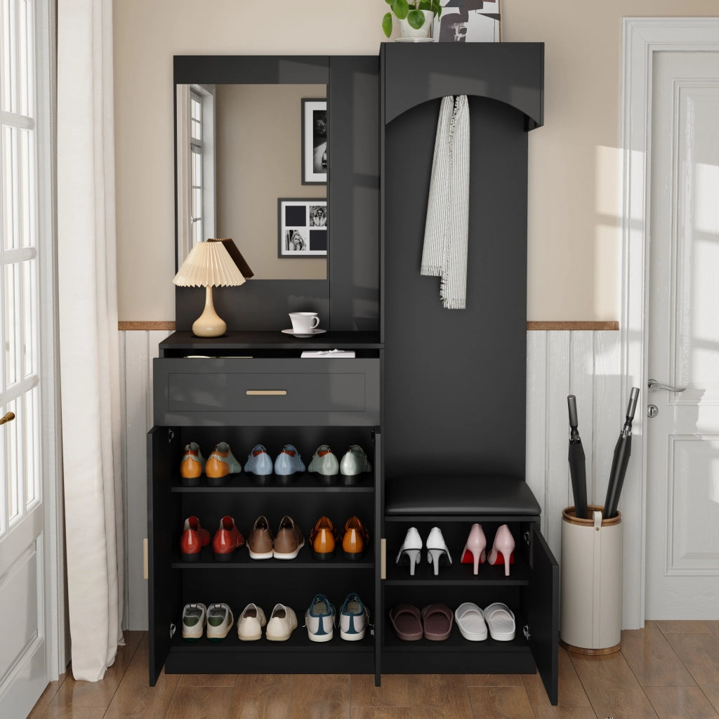 Mobile Ingresso con Specchio; 2 Ante; 2 Cassetti e Panca Scarpiera; Ripiani Regolabili; Moderno; in MDF; Nero; 110??33??185;5 cm