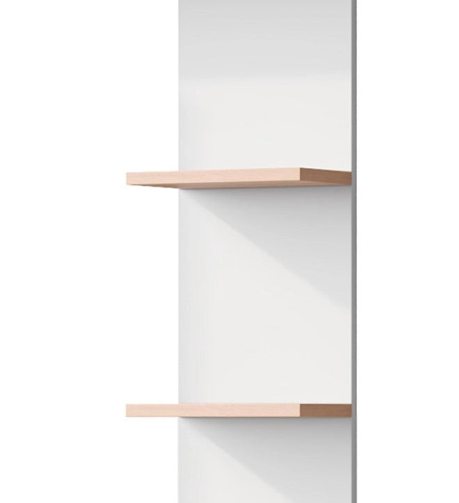 Scrivania con contenitore e scaffalature aperte, design moderno bianco e effetto legno, 123,5x45x168,5 cm