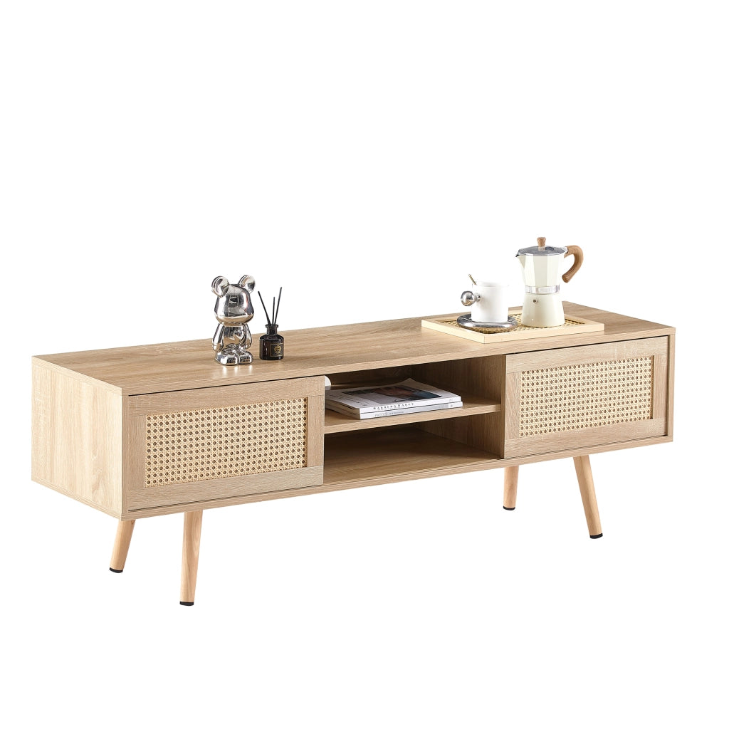 Mobile porta TV in rattan con 2 ante scorrevoli e 3 ripiani, per soggiorno, in MDF, naturale, 140 × 40 × 45 cm