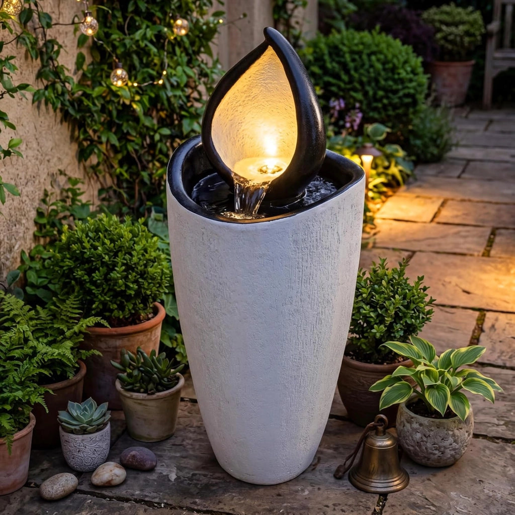 Fontana da Giardino con Luci, Fontanella Decorativa con Pompa e 4 Luci LED, Effetto Pietra, Sistema di Acqua Circolante da Esterno, Fontana Resistente in Resina per Cortile e Terrazzo