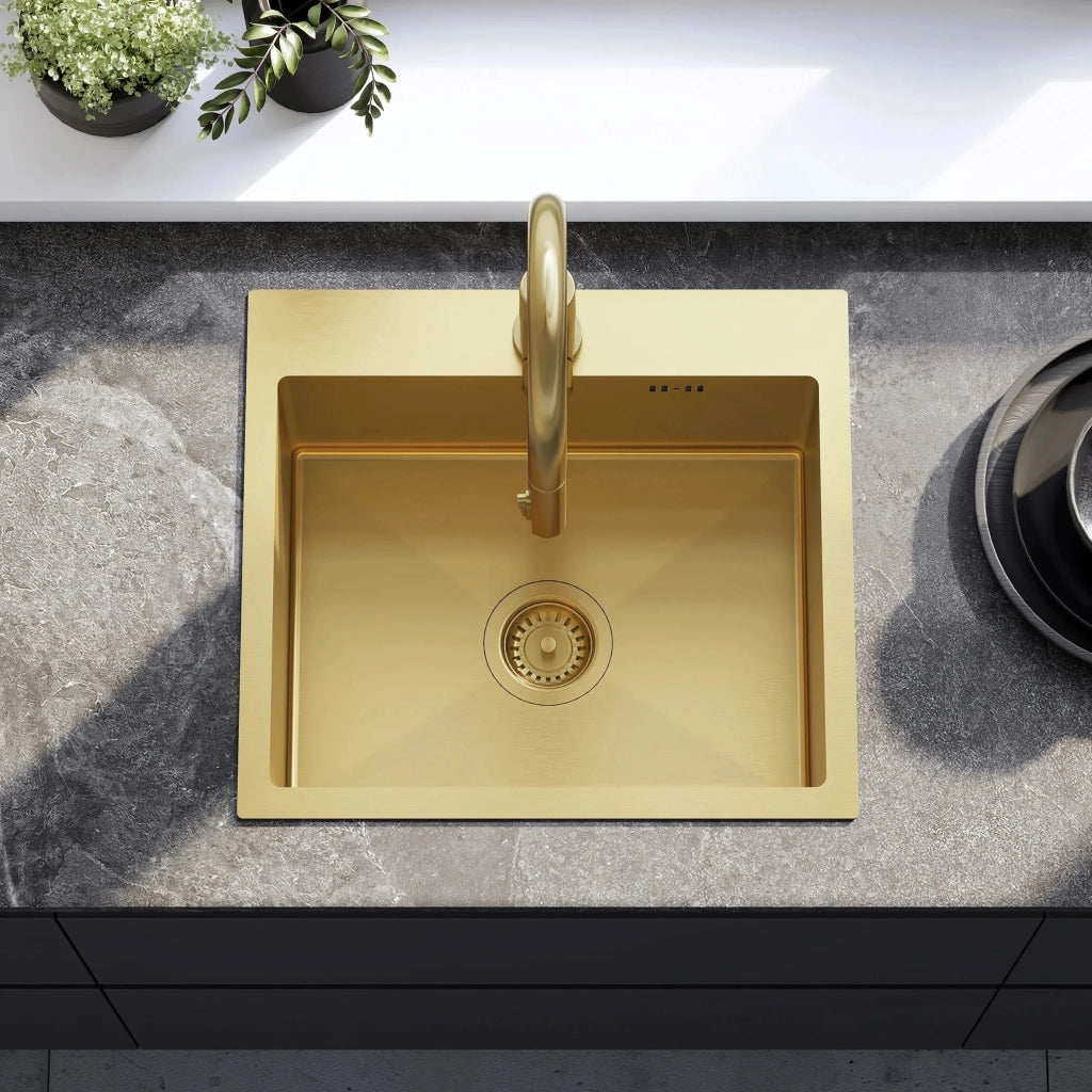 Lavello In Acciaio Leo 50 Brush Gold con rubinetto da cucina