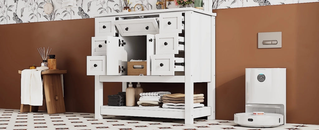 Mobile sottolavabo con lavabo in ceramica, 6 cassetti, 1 cassetto ribaltabile, ante e vani aperti, per bagno, bianco
