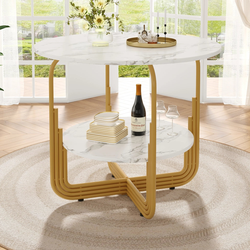 Tavolo da pranzo rotondo con piano in MDF effetto marmo, base dorata, per soggiorno e sala da pranzo, 80 × 80 × 76 cm