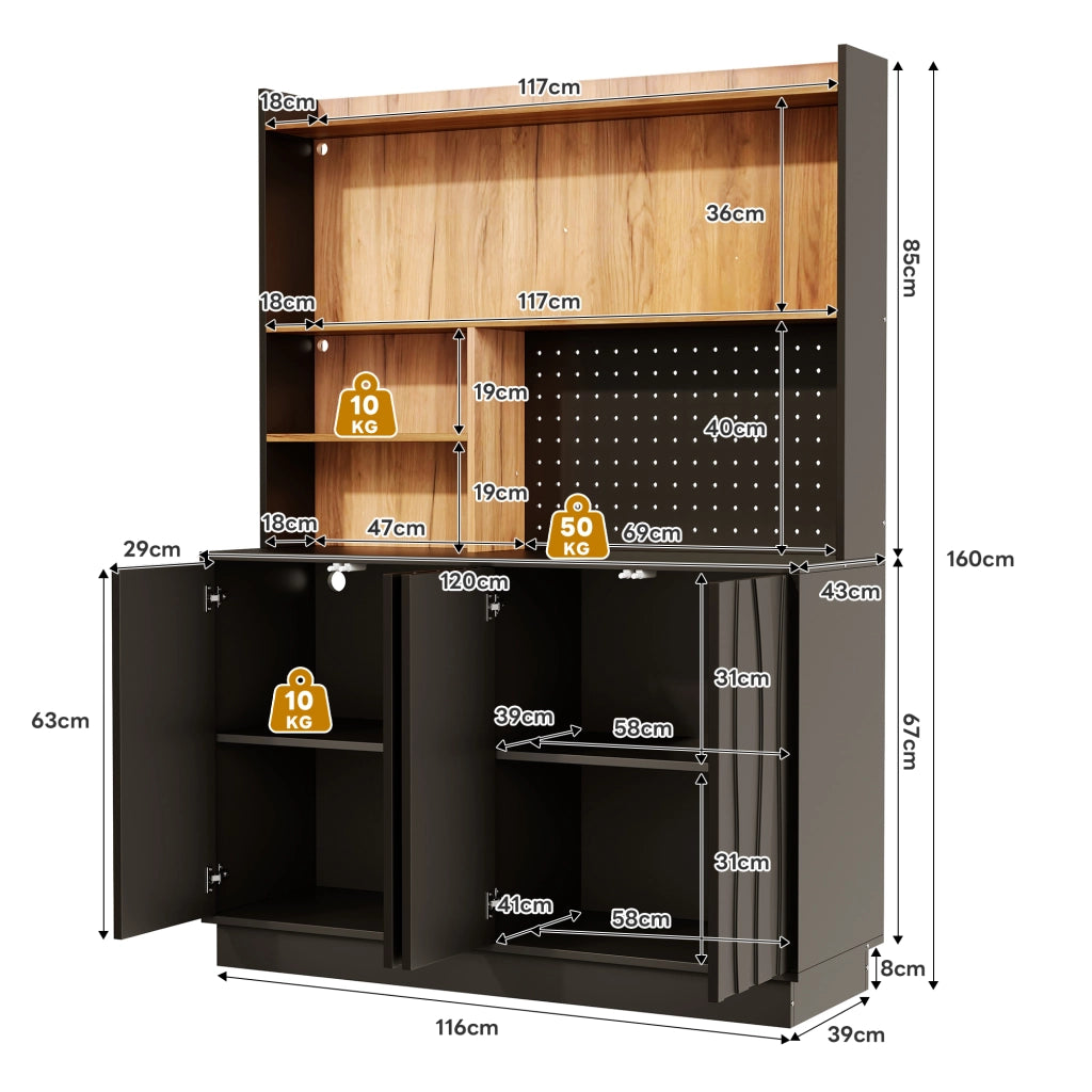 Mobile da cucina con LED RGB e prese USB; 120x43x160 cm in MDF nero e naturale