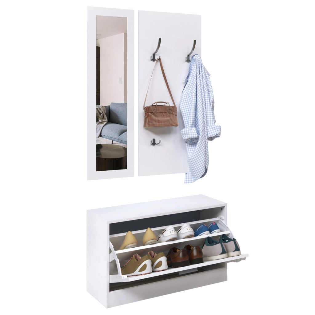 Set di Mobili per Ingresso 3 Pezzi Scarpiera Specchio Appendiabiti con Ganci ¨C Zephmum ¨C 80x27x46,5cm Bianco