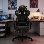 Sedia da ufficio gaming ergonomica reclinabile con poggiapiedi e supporto lombare in pelle nera e base in nylon