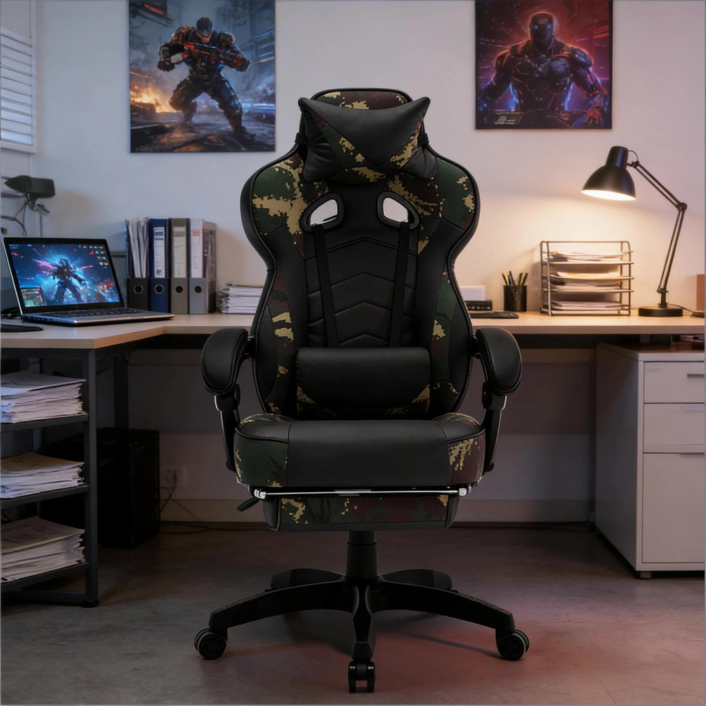 Sedia da ufficio gaming ergonomica reclinabile con poggiapiedi e supporto lombare in pelle nera e base in nylon