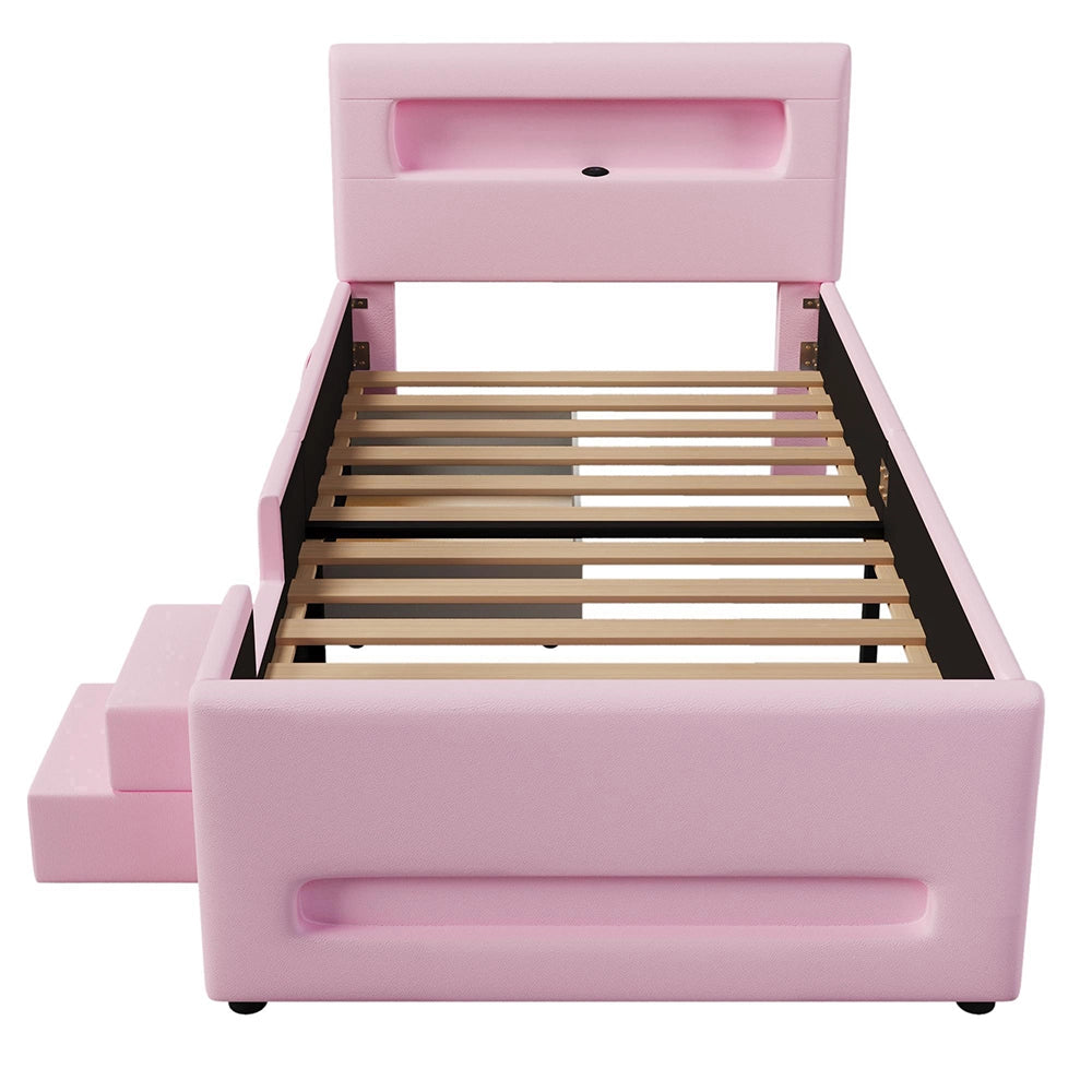 Letto imbottito 90x200cm?- Xylo - scala LED 2 cassetti rosa
