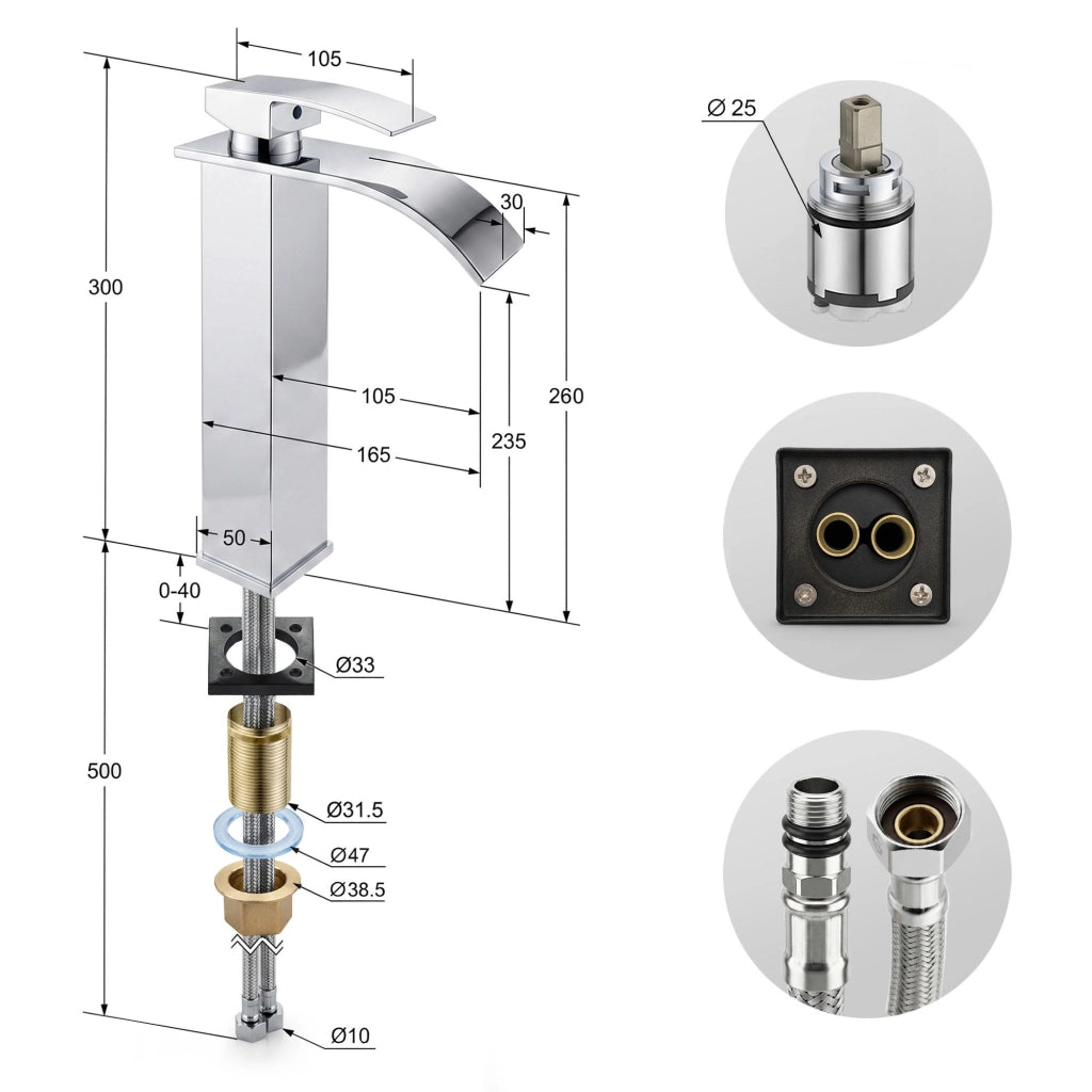 Rubinetto lavabo alto a cascata cromato da appoggio miscelatore bagno EVIO