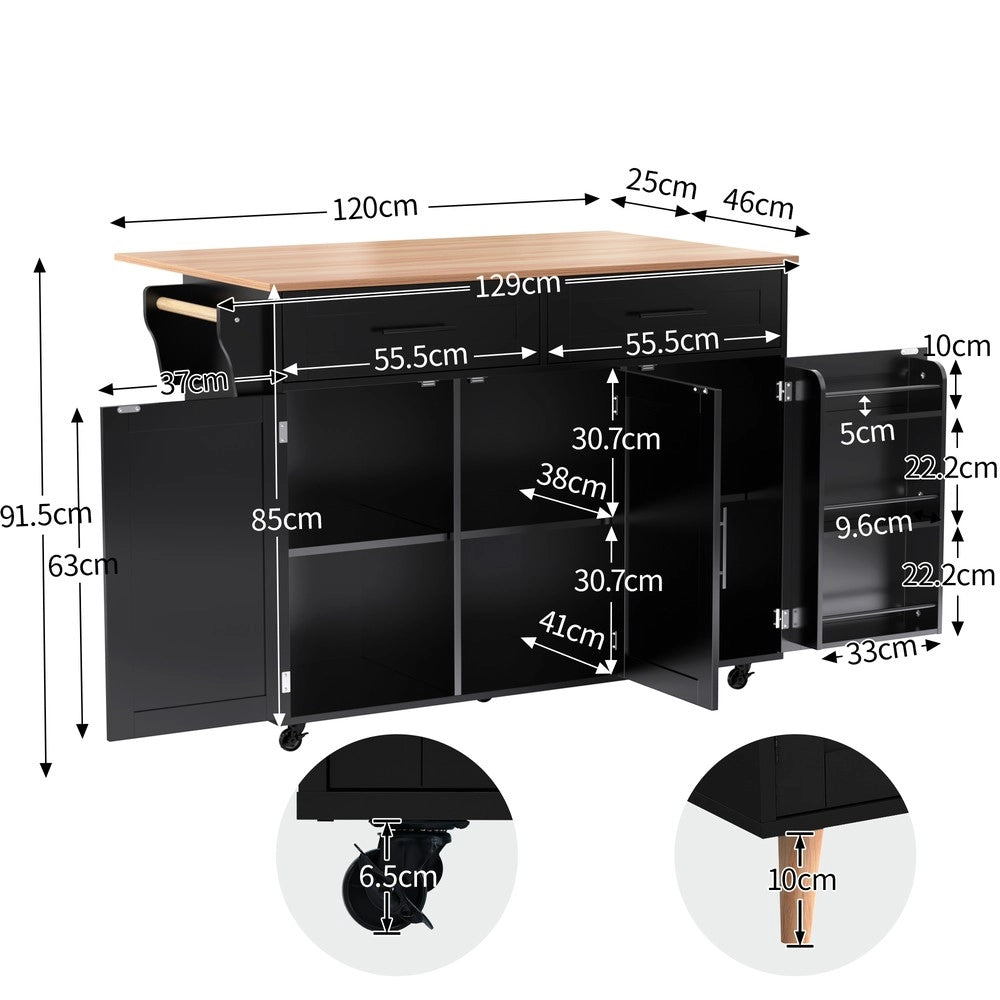 Carrello da Pranzo con Piano Pieghevole ¨C Xylo ¨C Legno Massello, Nero, 129x46x91,5 cm