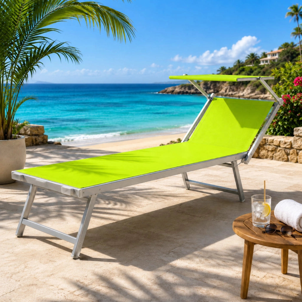 Lettino Sdraio Prendisole Professionale Richiudibile In Alluminio E Textilene con Tettino Parasole Orientabile Lettino Relax Mare Spiaggia Piscina Giardino Solarium 182 x 60 x 38 Cm Verde Fluo