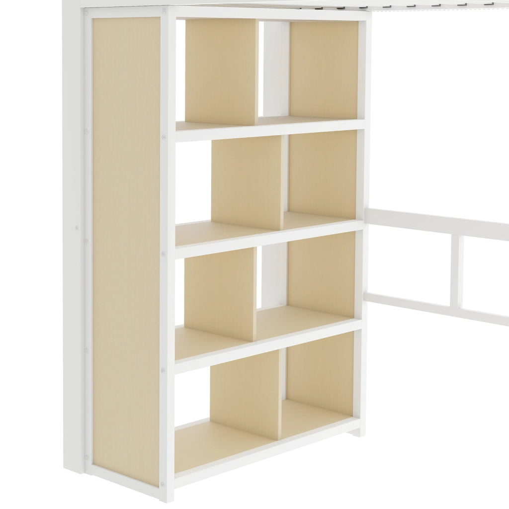 OKWISH Letto a soppalco 90×200 cm, Letto Singolo con Scrivania, Mensole, LED Regolabile e Scala con Contenitore, senza Materasso, Bianco