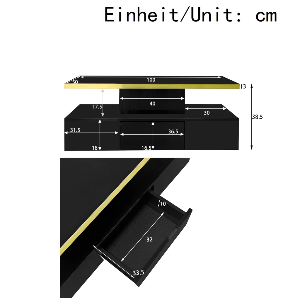 OKWISH Tavolino da Salotto Rettangolare con 1 Cassetto, 2 Ripiani, LED e Finitura Lucida, Nero, 100 x 50 x 39 cm