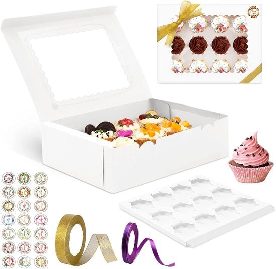Set di 15 Cesti con Finestra per Cupcake, Muffin e Torta con Dose di Verifica e Adesivi – Cesti per Dolci per Cupcake, Macarons e Torta