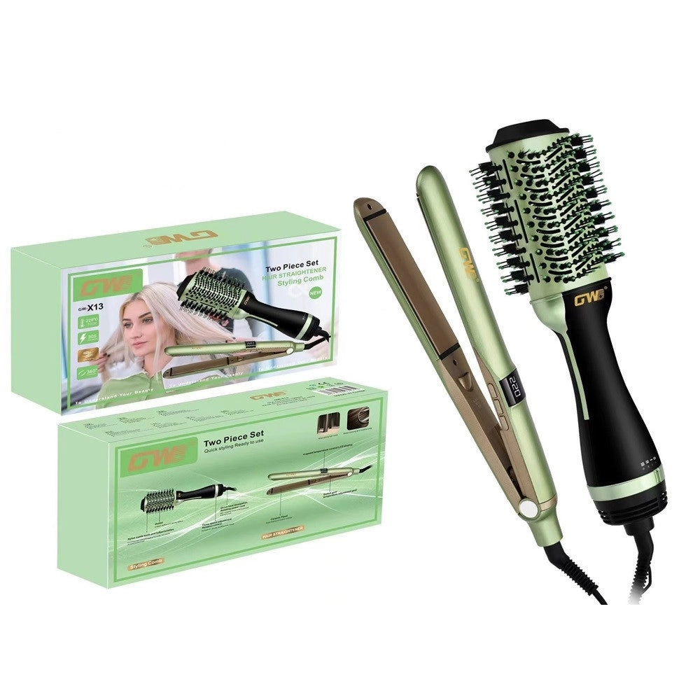 Trade Shop - Set Piastra + Spazzola Rotante Ioni 2in1 Professionale Per Styling Capelli Multifunzione -