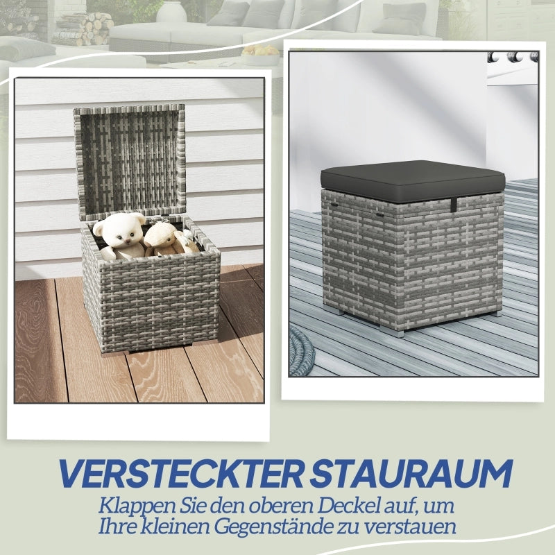 Set di 2 sgabelli effetto rattan con vano contenitore e cuscini realizzati in rattan grigio scuro.