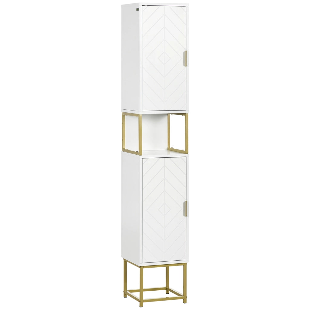 EasyComfort Colonna Bagno con 2 Armadietti e Ripiano in MDF e Acciaio, 30x30x170.7cm, Bianco e Oro