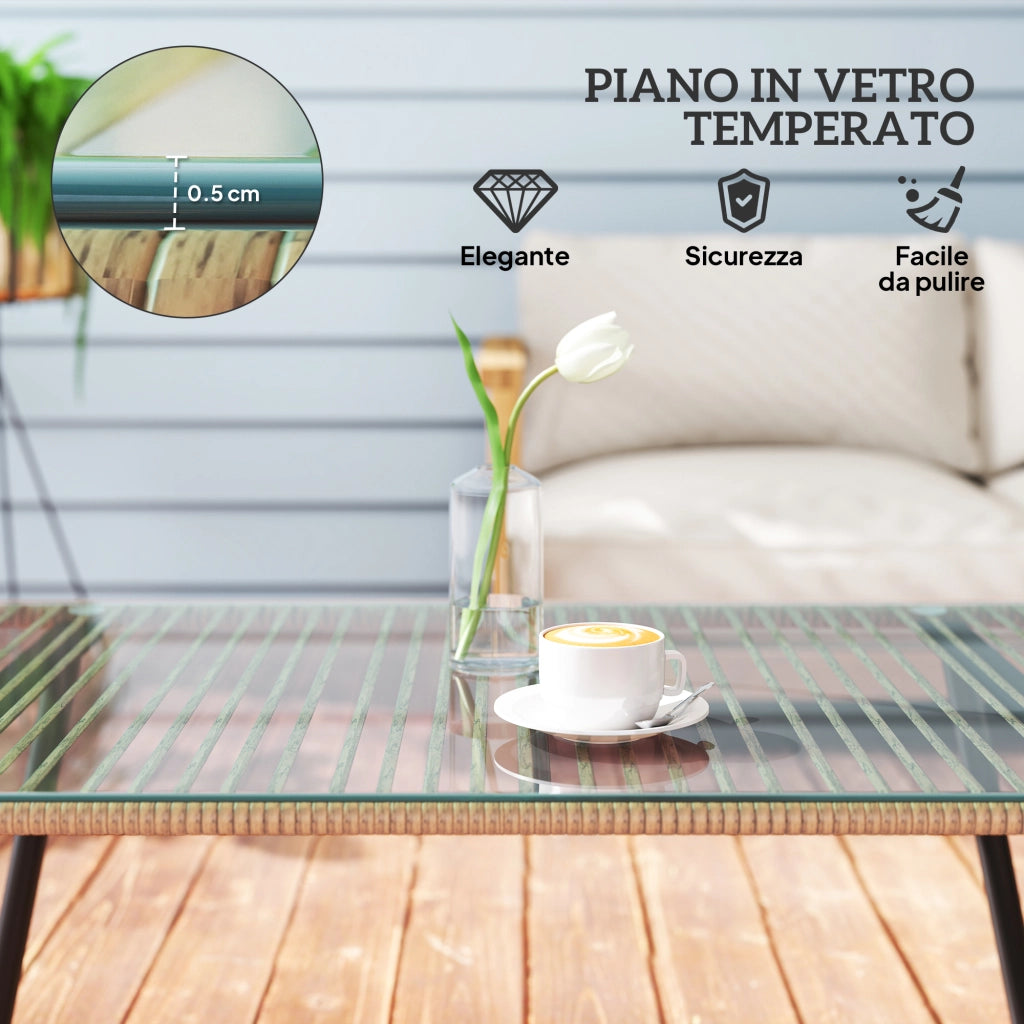 Tavolino da Giardino in Rattan PE con Piano in Vetro e Acciaio, 110x60x40 cm, Legno Naturale