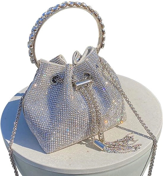 Clutch con Scintille per Donna, Borsa da Sera in Argento, Borsa a Mano con Diamanti, Borsa con Fermo, Portafoglio con Strass per Festa Tempo Libero (B-Argento)