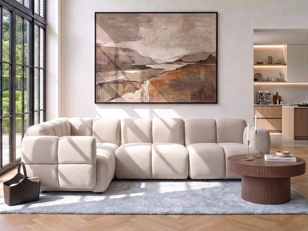 Divano modulare angolare a 4 posti con lato destro, in tessuto beige, articolo modulare, divano componibile a quattro elementi, stile moderno
