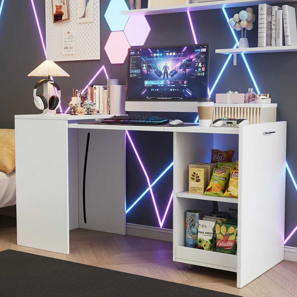 Scrivania Pieghevole Multifunzionale con Armadio ¨C MINIMAL ¨C Legno Bianco, 2 Vani, 126x55x75