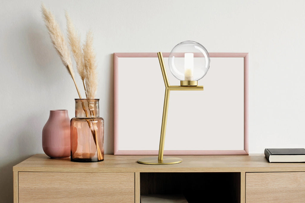 CAMELY LAMPADA DA TAVOLO 1 LUCE ORO SPAZZOLATO ATTACCO G9 D.12CM IN VETRO TRASPARENTE