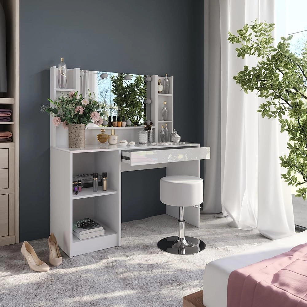 Tavolo da toeletta Sherry, Bianco/bianco lucido, 119.8 cm 6 parti