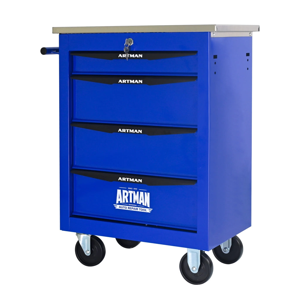 Carrello porta attrezzi con 4 cassetti e ruote piroettanti per garage e officina in acciaio nero e blu 62.5 × 34.5 × 78 cm
