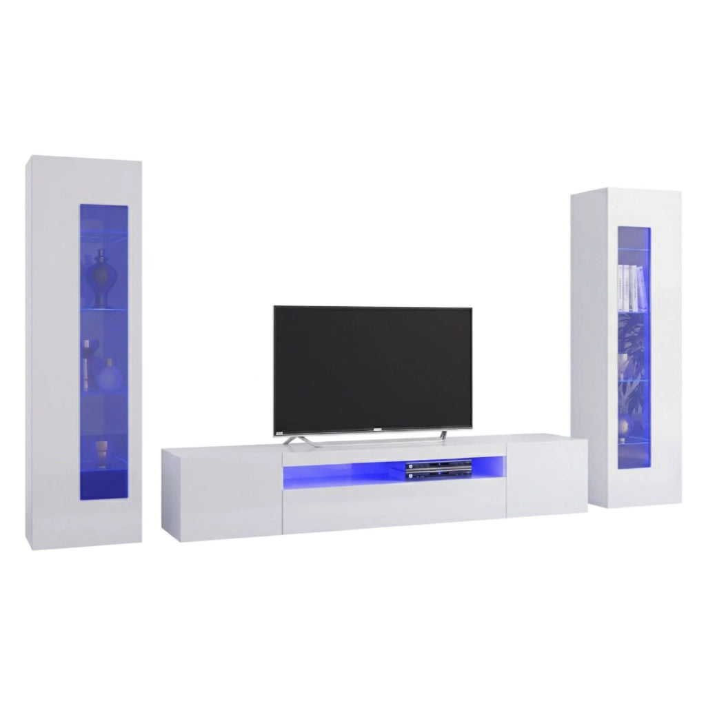 Parete attrezzata da soggiorno Aslhey, Made in Italy, Mobile porta TV, Set salotto moderno, cm 300x40h162, Bianco lucido, con luce LED blu