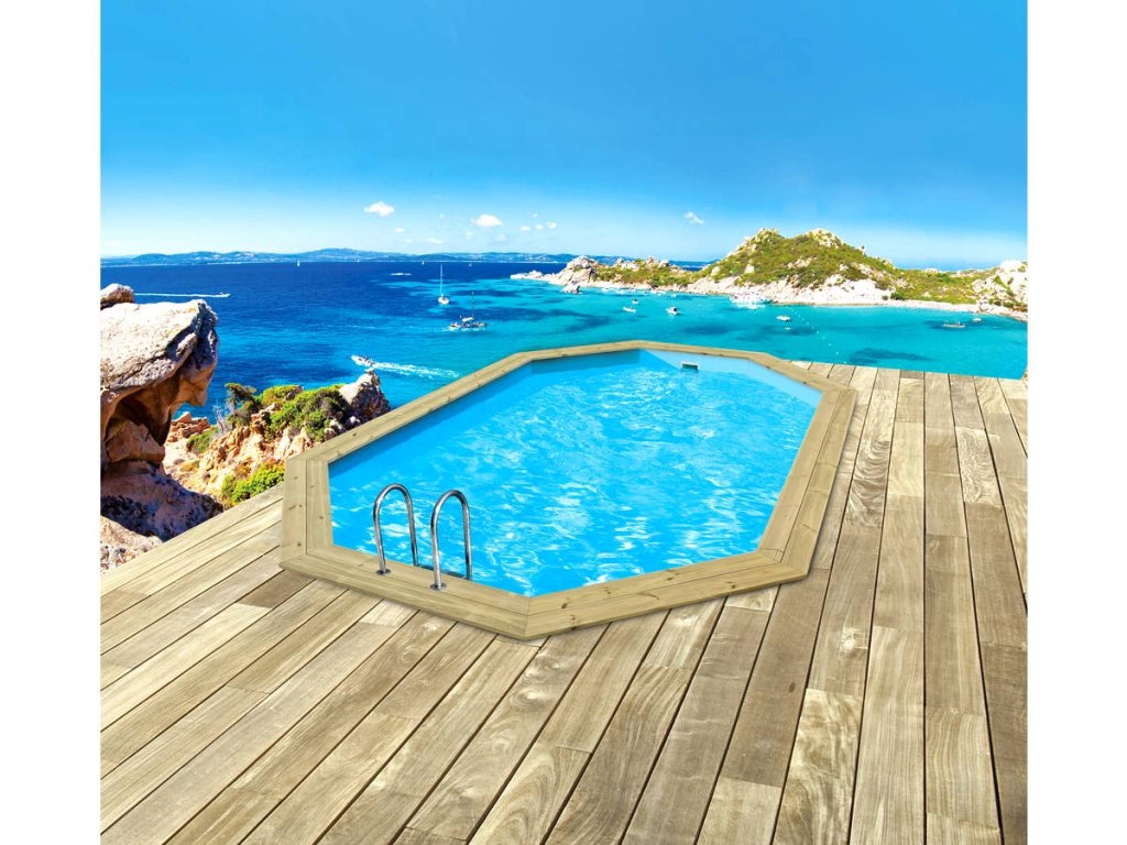 Piscina in legno Baléares  6,50x4,40x1,31 m + pompa di calore reversibile Simplicity by Hayward ON/OFF 5 kW Bianco