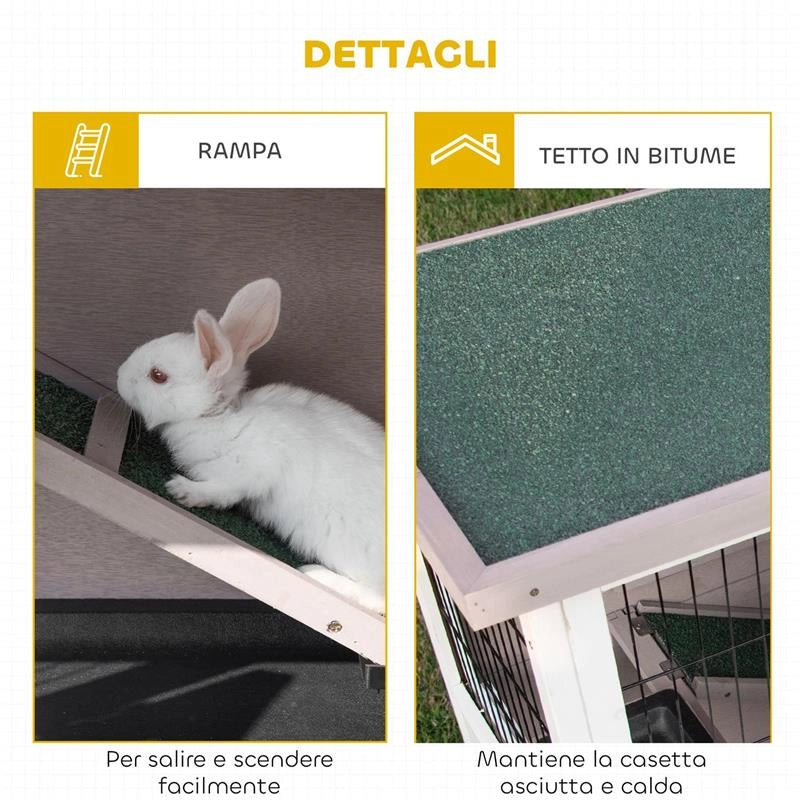 CONIGLIERA IN LEGNO A 2 LIVELLI CON TETTO APRIBILE, MANGIATOIA E VASSOI ESTRAIBILI, 122X50X101 CM, MARRONE