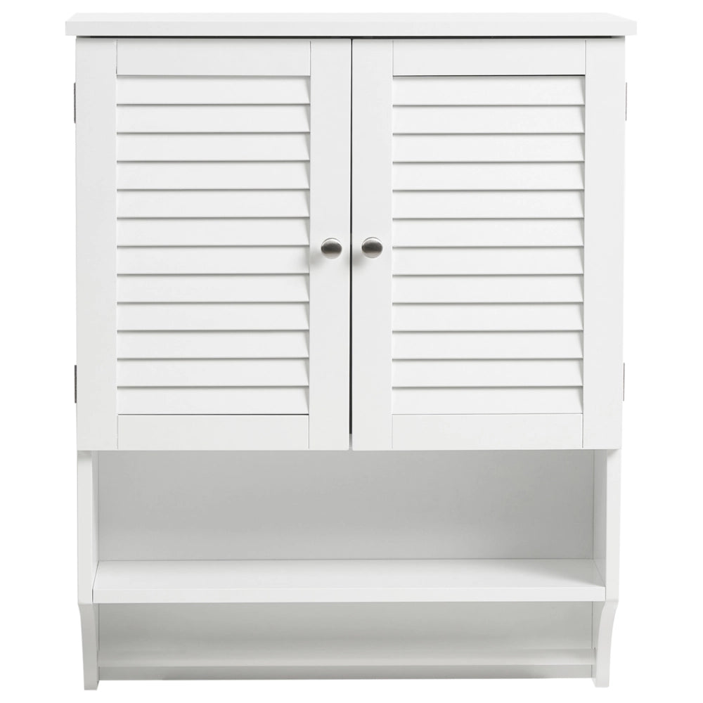 Mobiletto da Bagno da Parete in MDF Bianco con Ante, Ripiano Aperto e Portasciugamani, 60 x 22 cm Design Moderno