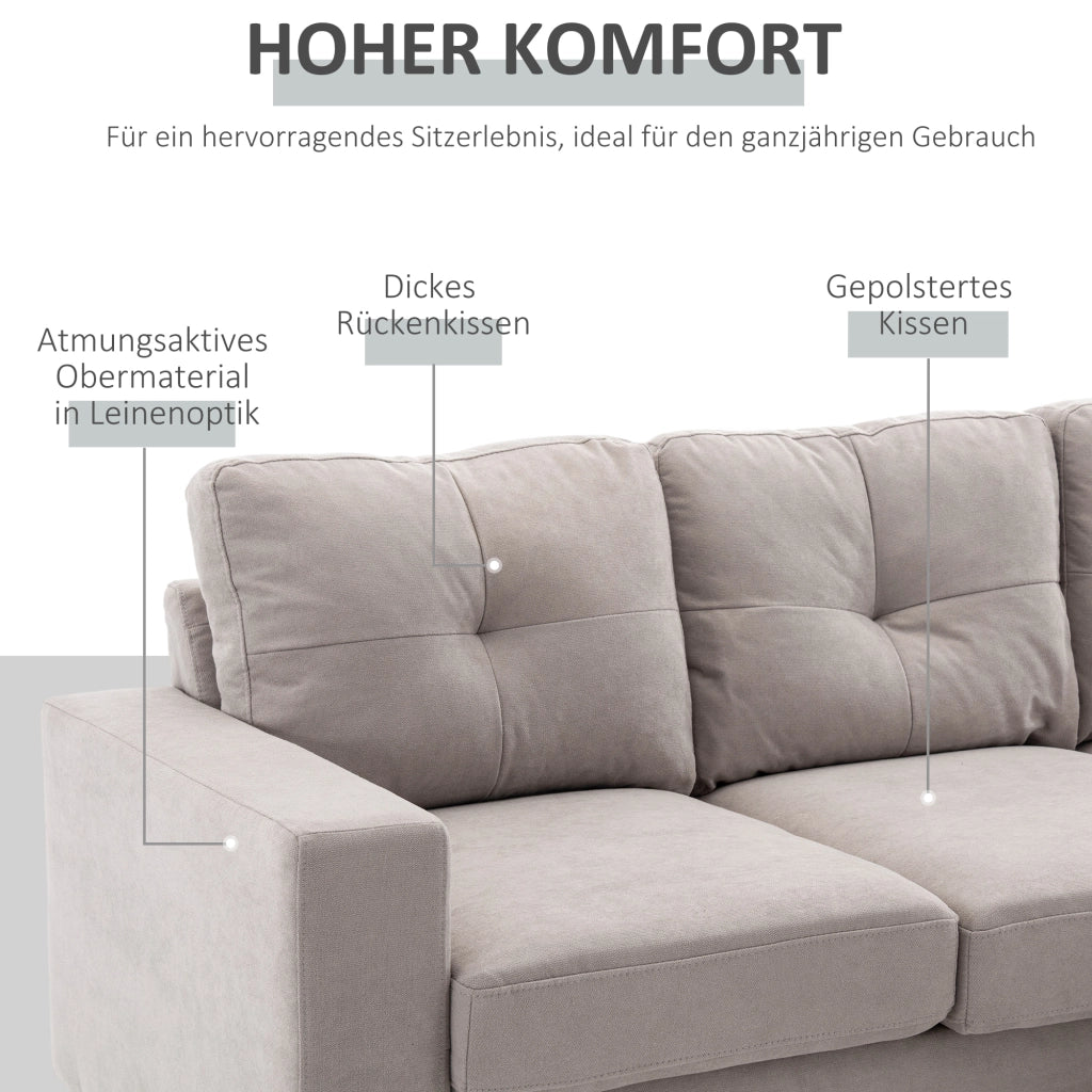 Divano angolare reversibile in tessuto con chaise longue, cuscini sfoderabili e struttura in legno, grigio chiaro