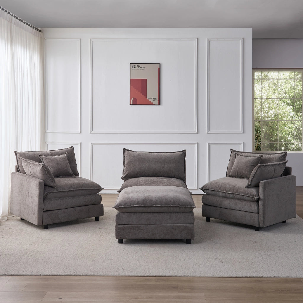 Divano angolare modulare 3 posti con pouf mobile e 2 cuscini, in ciniglia, grigio