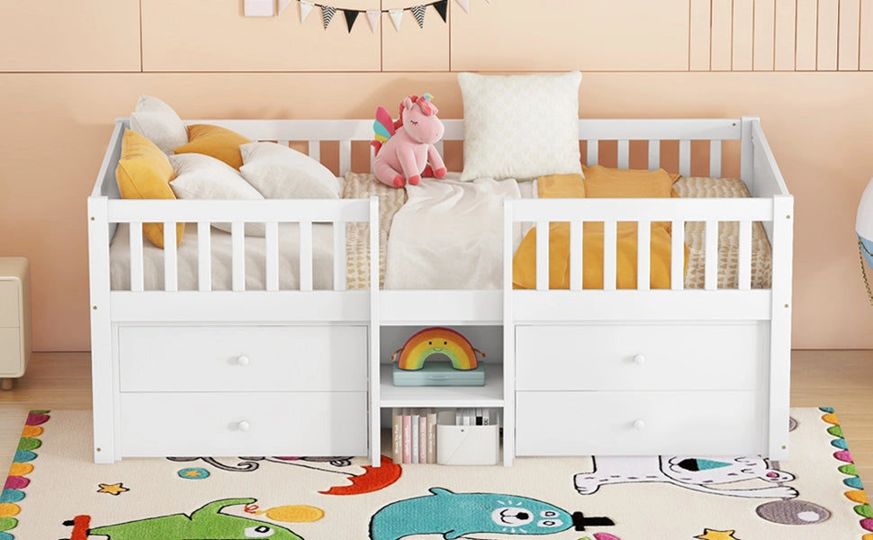 DESMIU Letto Rialzato 1 Posto con 4 Cassetti, Sponde e Scala 90 × 200 cm, Senza Materasso, in Pino, Bianco