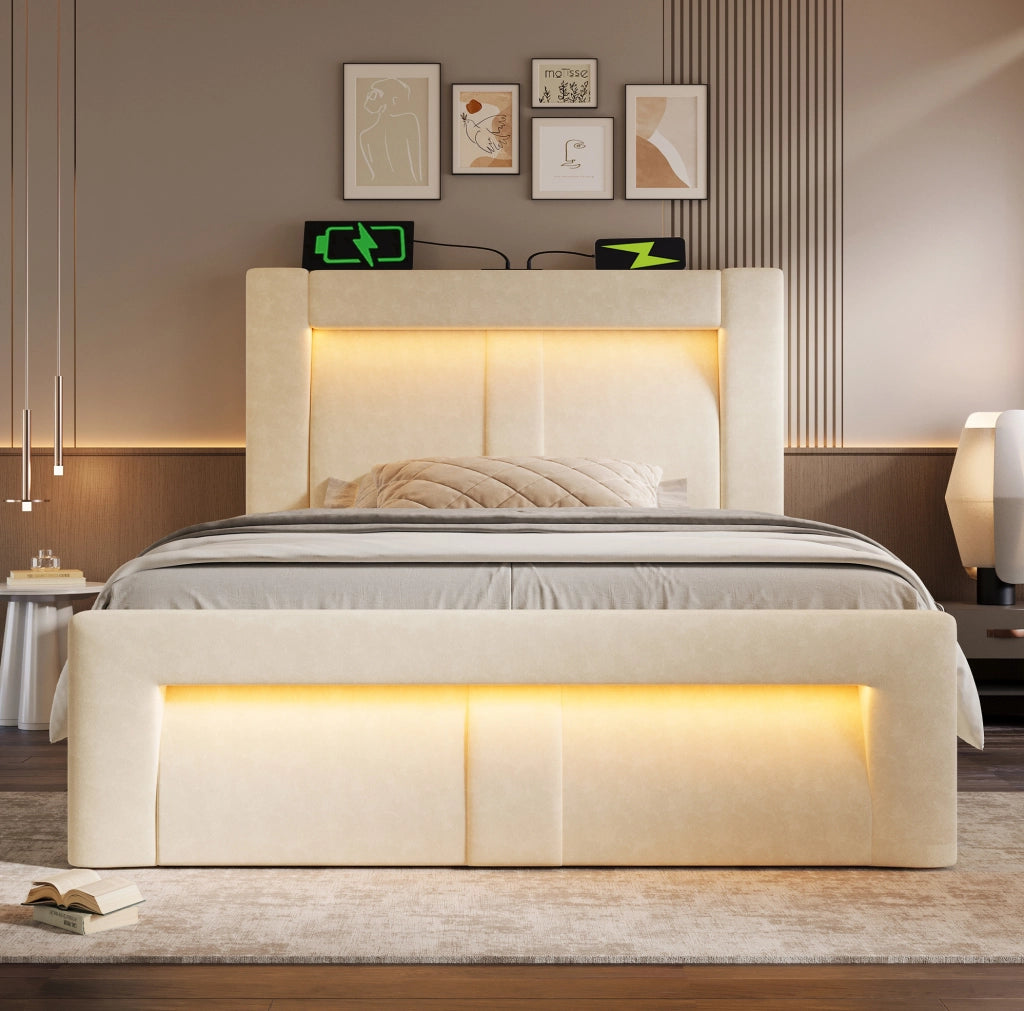 Letto singolo ULEVR 90x200 cm con materasso, contenitore idraulico, LED, USB e USB-C, velluto beige