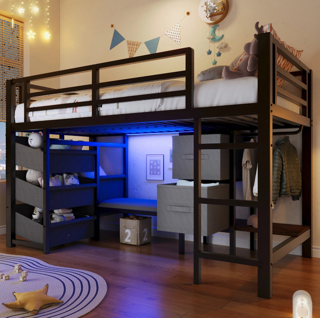 Letto semialto 90x200 cm in metallo nero con LED e contenitori