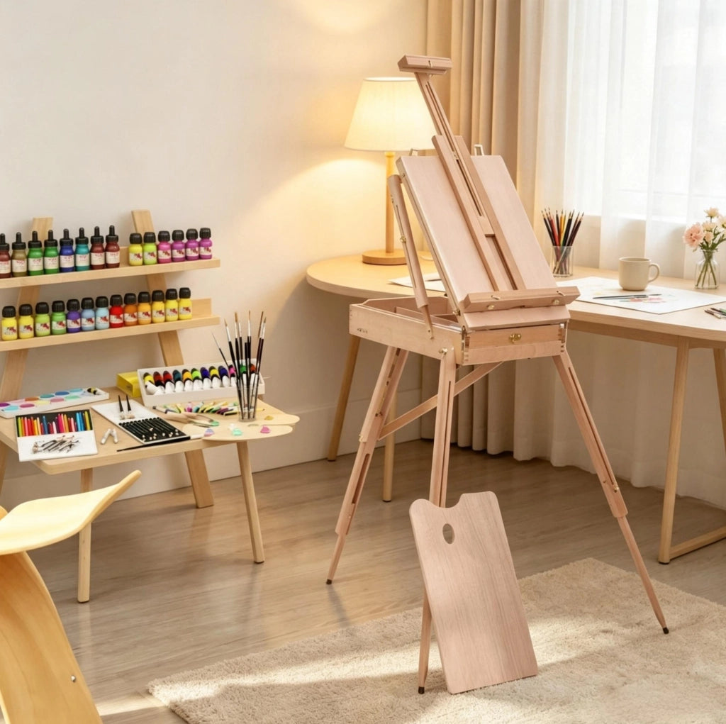 Cavalletto pieghevole 40,7x18x55 cm in legno di faggio chiaro con vano portaoggetti –