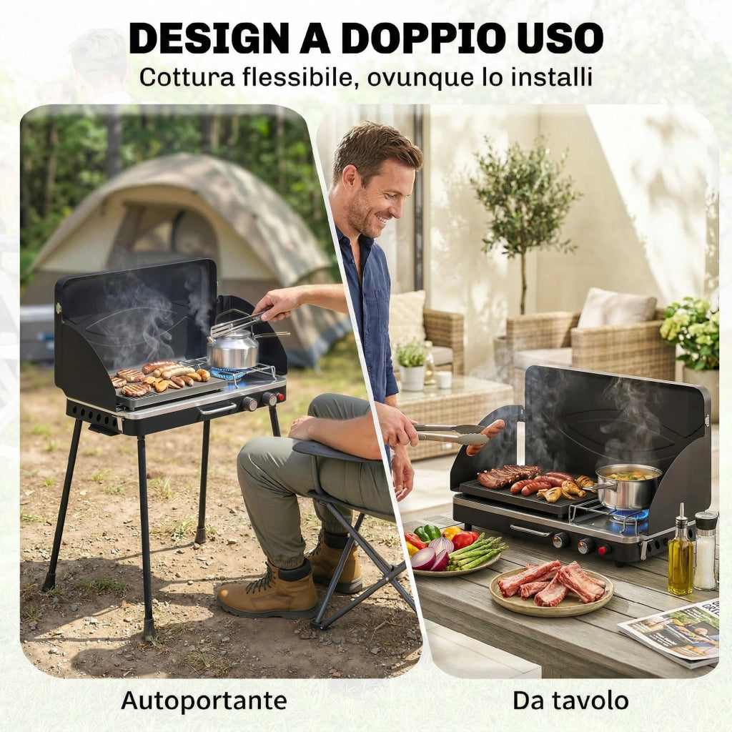 Barbecue a Gas 2 in 1 Portatile con Griglia e Fornello ¨C Zephmum ¨C 7KW Nero