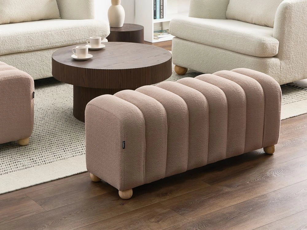 Pouf a coste con rivestimento in bouclé gambe in legno beige design moderno, accessori per il soggiorno