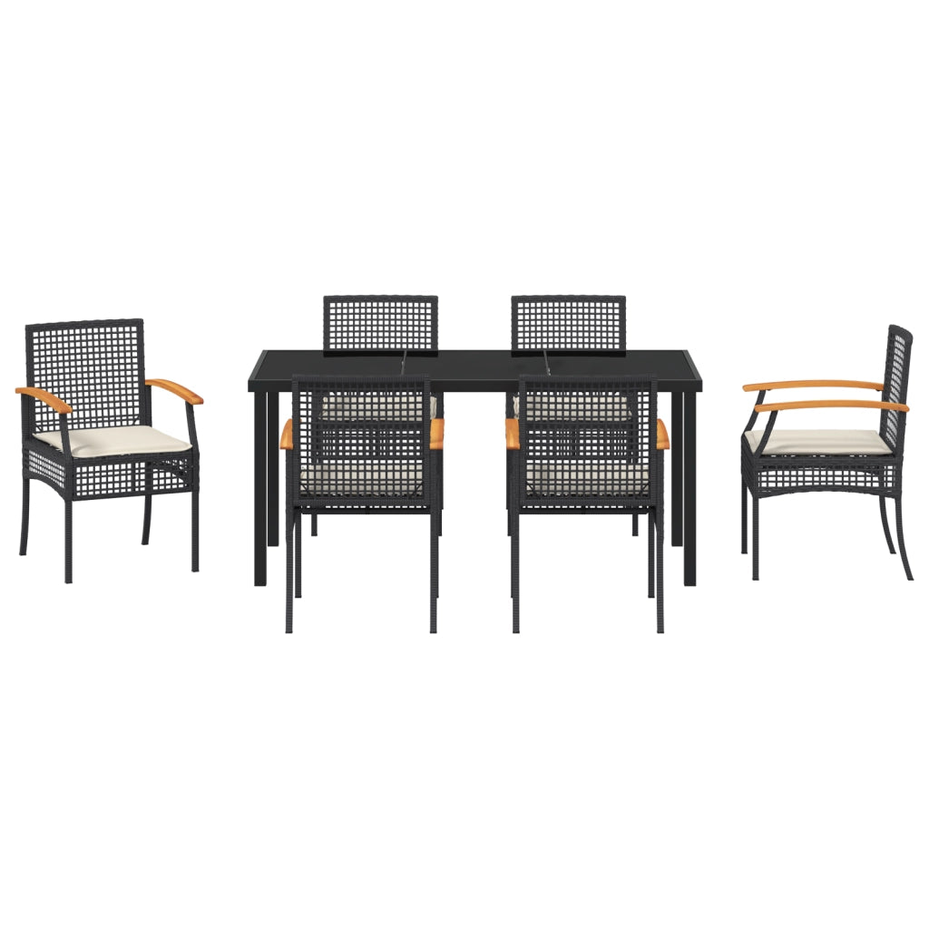 Set da Pranzo da Giardino 7 Pezzi con Cuscini Nero Polyrattan